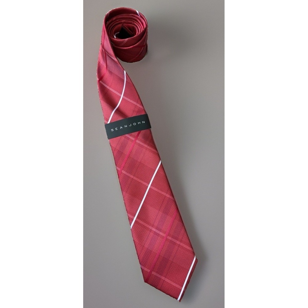 New Sean John Neckwear Tie Red White Plaid Polyester Formal Wedding NWT JBHS